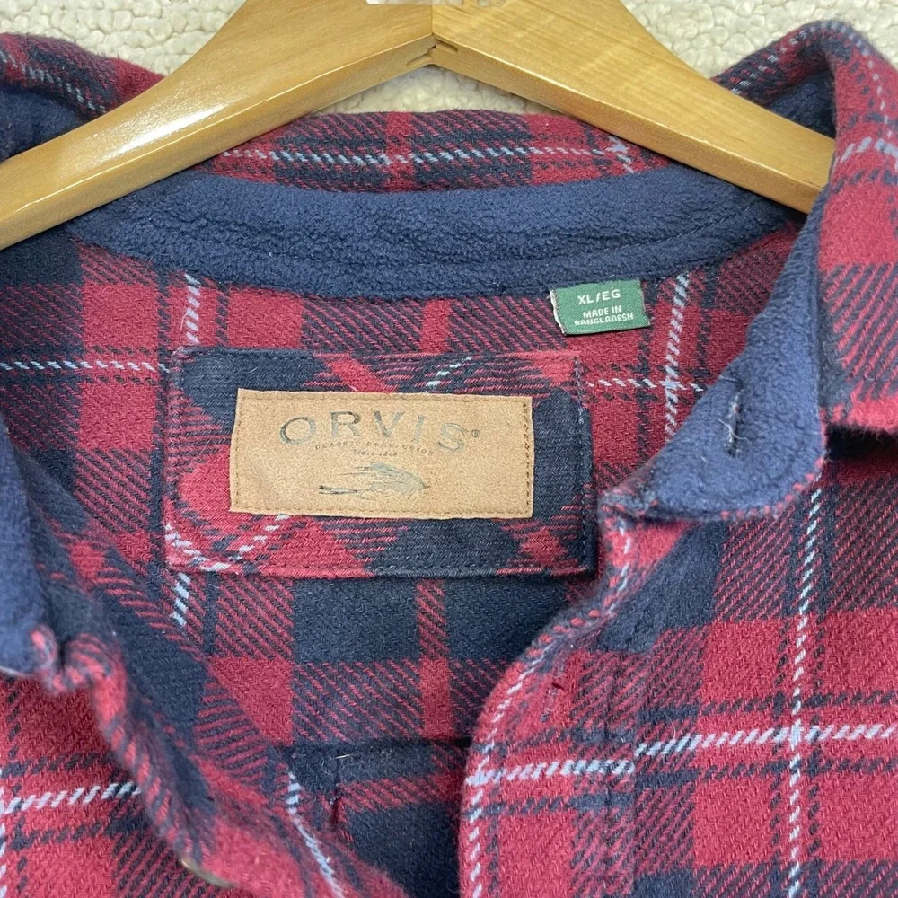 Orvis Shacket Mens XL Red Blue Plaid Fleece Lined Heavyweight Flannel 1312517